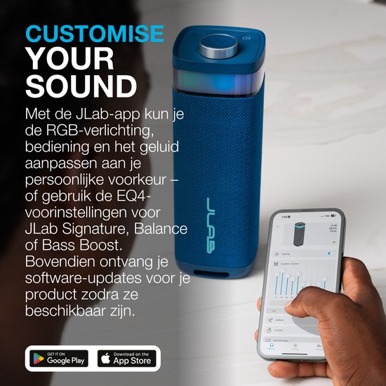 JLab Jbuds Bluetooth Speaker Draadloos - Draagbare Muziekbox - 12 uur Batterijduur - 30 Watt - Bass Boost - IPX6 Waterproof - Multipairing - Instelbare Party Lights - App Equalizer - Blauw