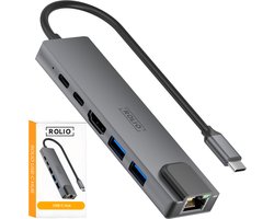 Rolio USB C Hub – 1x HDMI 4K – 1x Ethernet – 2x USB-C – 2x USB-A – USB Splitter – Geschikt voor Macbook Pro / Air / Windows / Universeel