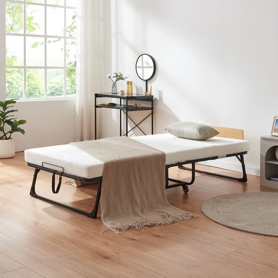 Lit pliant Lustendi 90x200 cm avec chêne noir et matelas blanc [en.casa]