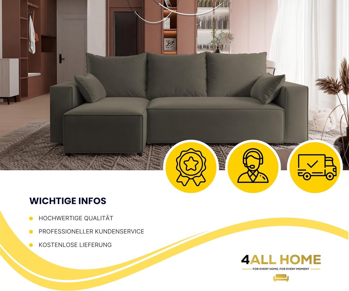 Hoekbank met slaapfunctie en opbergruimte – Luxe L-vorm slaapbank 3-zits 246x145 cm – Uitklapbare hoekbank met bedlade en verwisselbare chaise longue – Velo 625 grijs-bruin – Novihome