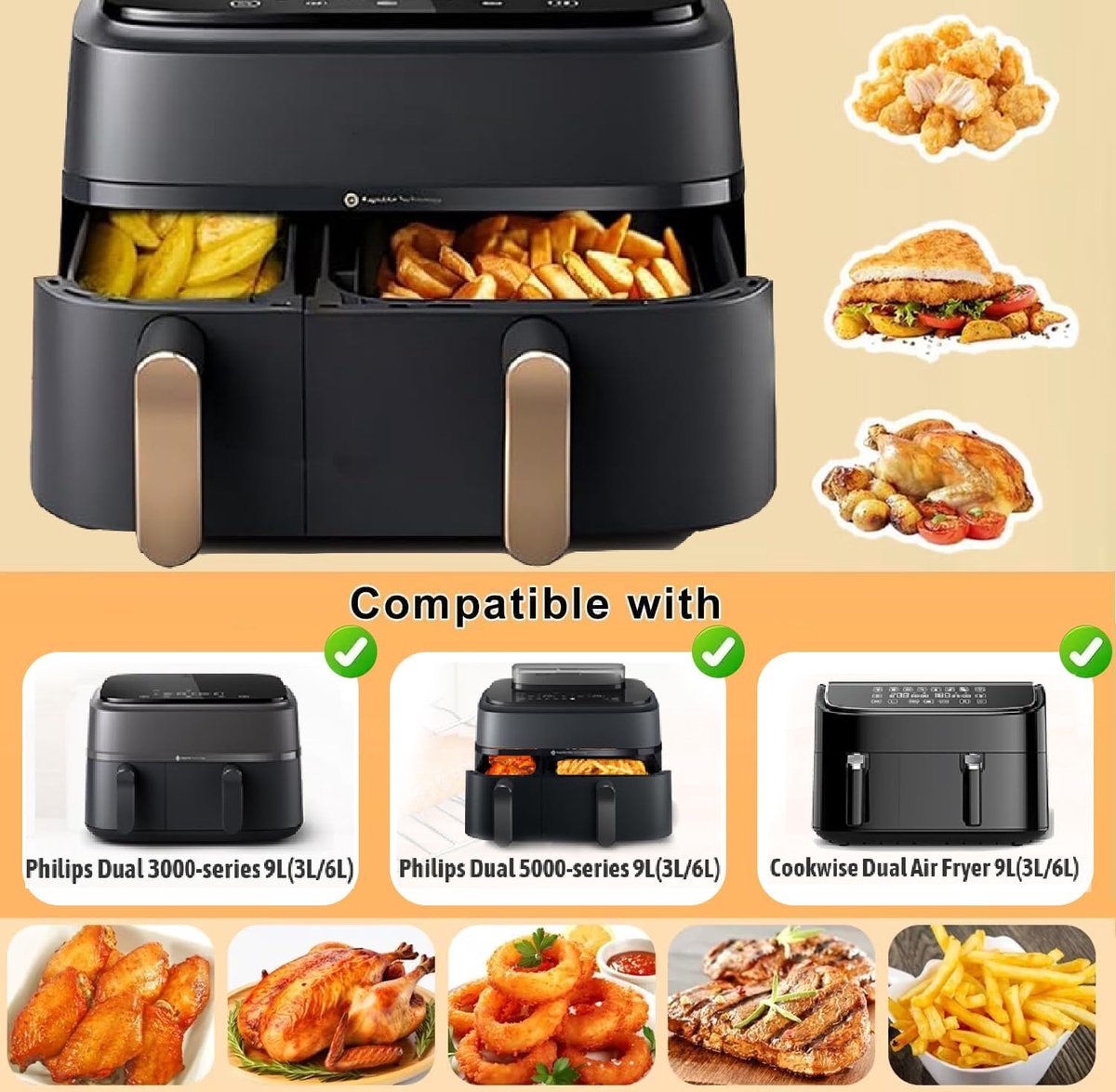 Namajunas - Bakpapier airfryer - Bakpapiervellen - Geschikt voor Philips Dual Basket Airfryer 3000-serie en 5000-serie (6L/3L) – modellen NA350/300 en NA550/500 - 120 Stuks - Airfryer Wegwerpbakjes - Geschikt voor Philips 9L heteluchtfriteuse — afbeelding 5
