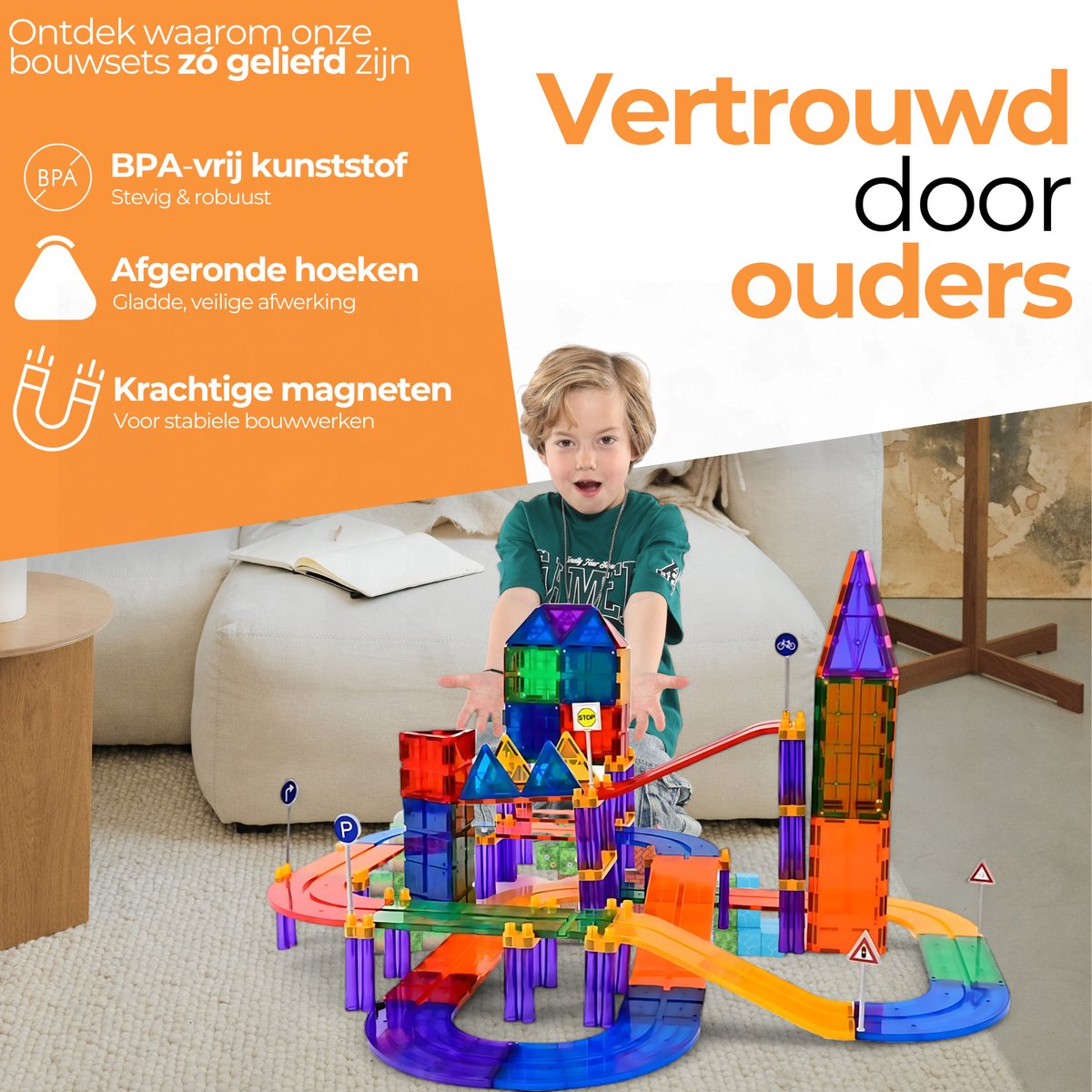 Magna Minds - Magnetic Tiles racebaan - Zelfrijdende auto - Magnetisch Speelgoed – 78 stuks - Constructie speelgoed - Magnetische tegels - Montessori speelgoed - Magnetic toys - Magnetische bouwstenen - Speelgoed Kinderen — afbeelding 9