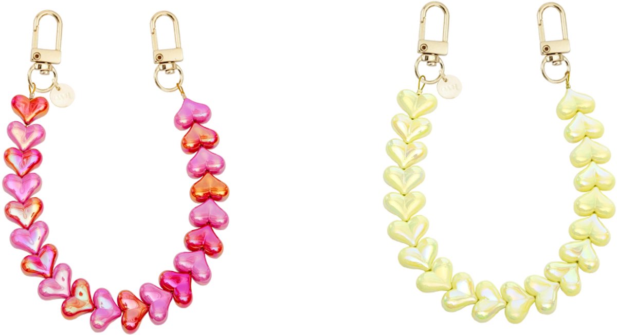 xoxo Wildhearts telefoonkoorden Funky Hearts Charm Cord Pink Red Metallic + Funky Hearts Charm Cord Yellow Metallic – speelse hartjeskettingen met metallic glans – verstelbaar en fun – geschikt voor iPhone / Samsung