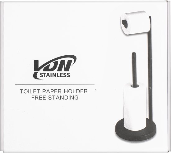 Verpakking van een zwarte, staande toiletrolhouder en reserverolhouder van VDN Stainless.