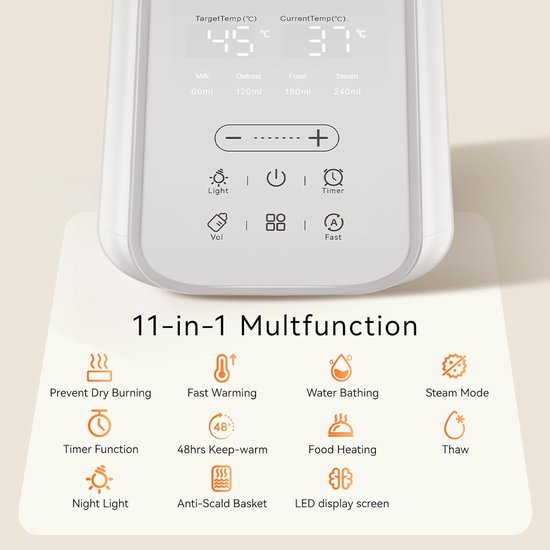 Flessenwarmer onderweg - Borstvoedingsfleswarmer met timer en nachtlampje - 11-in-1 flessenwarmer - houdt de melk 48 uur warm, BPA-vrij, snel verwarmend - instelbare temperatuur van Merkloos — afbeelding 5