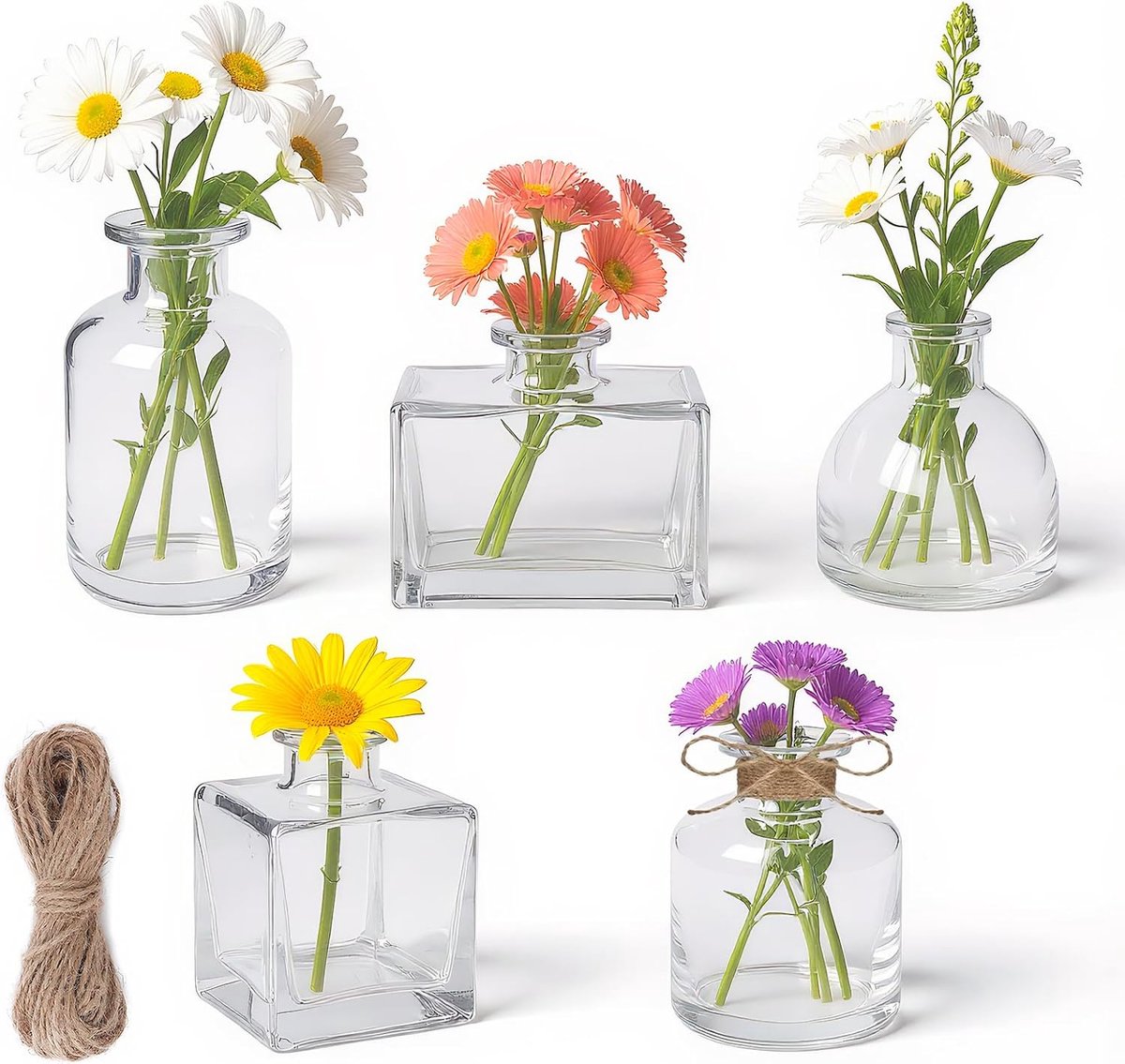 Famanu – 5 stuks glazen mini-vazen, kleine vazen met 5 m jute koord voor tafeldecoratie, transparant, mini-bloemenvazen, decoratieve flessen voor tafeldecoraties, middenstukken, bruiloft, feest en