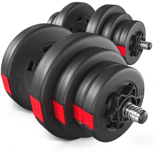 Zwarte verstelbare dumbbell met rode accenten op witte achtergrond.