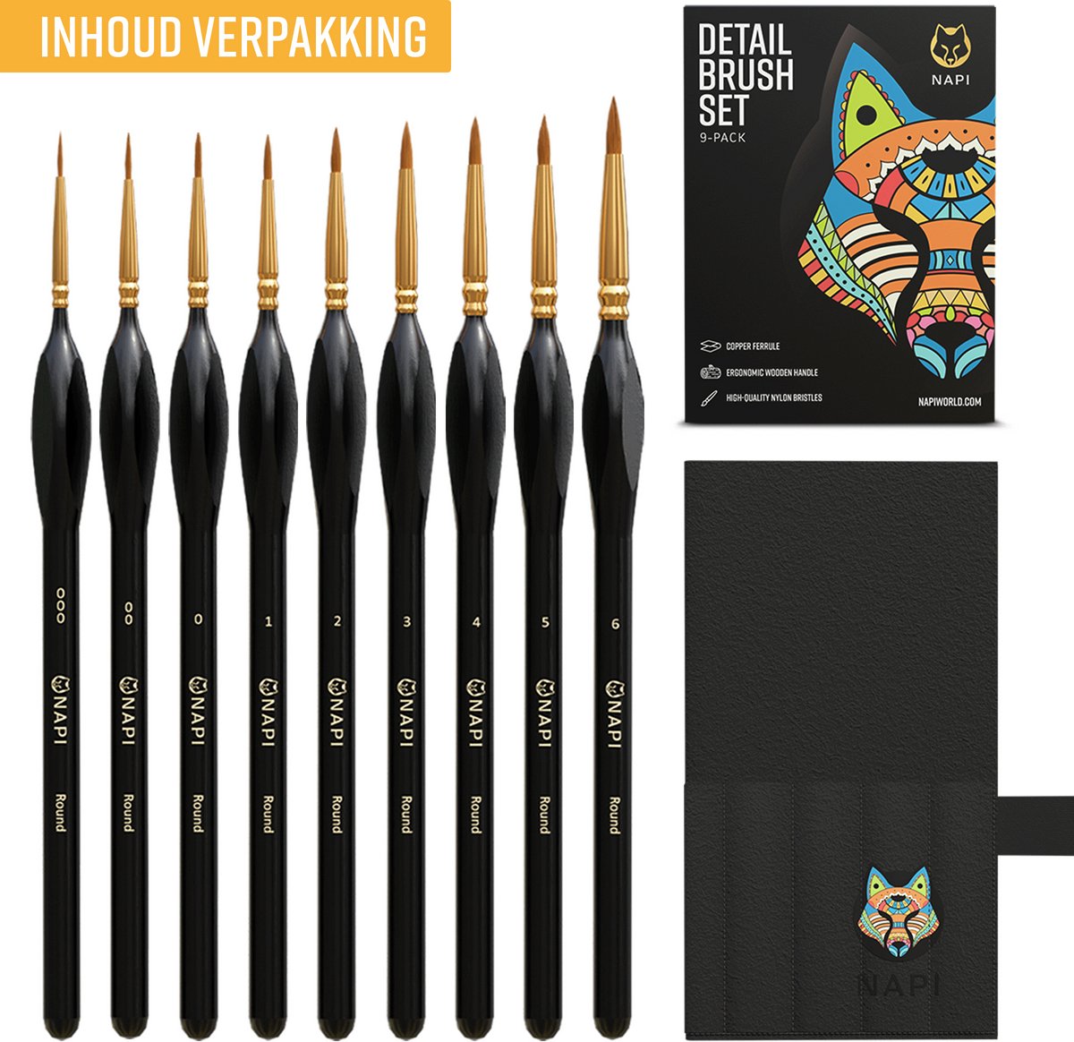 Napi Penselen Set 9 Stuks - Kwasten voor Aquarel, Olieverf, Acrylverf, Waterverf, Schmink - Geschikt voor Schilderen, Modelbouw en Gouache — afbeelding 6