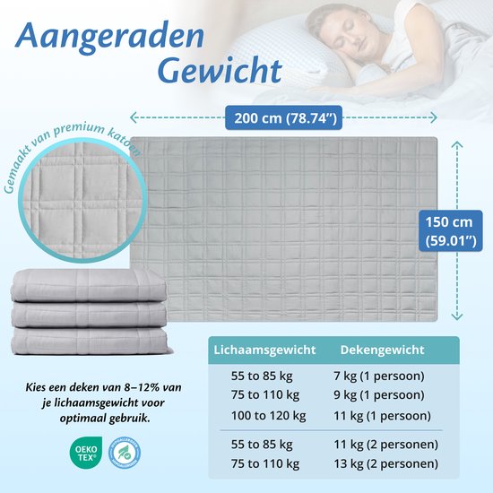 Ella Verzwaringsdeken 7 kg - OEKO-TEX Katoen Zwaartedeken 150 x 200cm- Weighted Blanket - Verzwaarde Deken - Grijs