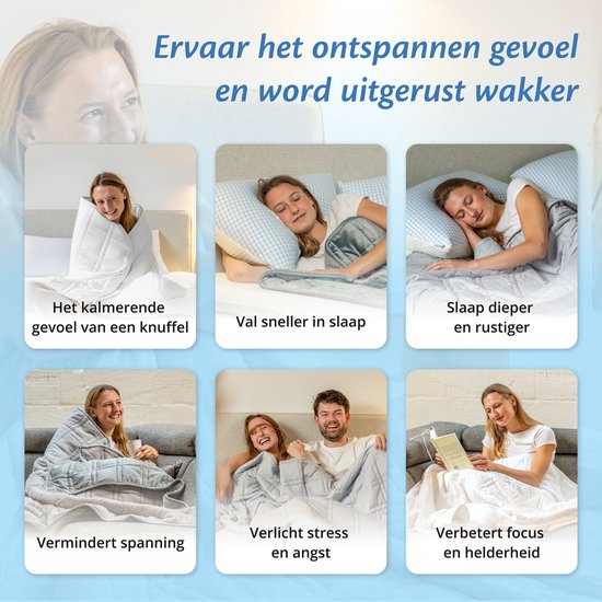 Vrouwen omarmd door een grijze verzwaringsdeken in bed en op de bank, met teksten over kalmering en stressvermindering.