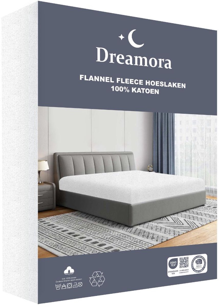 Dreamora - Flanel Fleece Hoeslaken - 90x200 cm - Wit - 100% Katoen - Hoekhoogte tot 30 cm