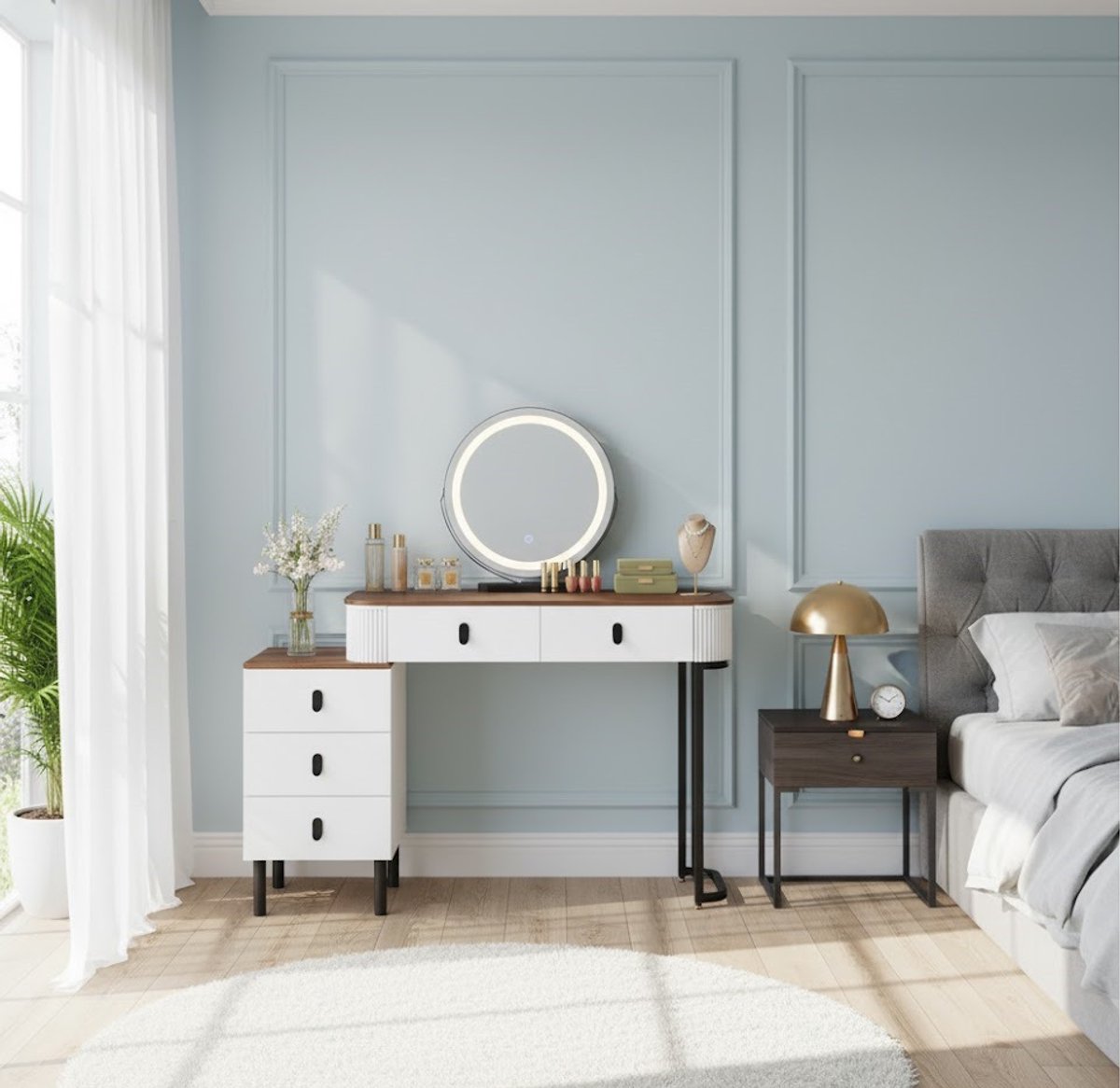 Luxe Make-up Kaptafel met LED Spiegel, 5 Laden en Zijkast, 100x40x125 cm – Dimbare Ronde Spiegel met 3 Kleurtemperaturen – Hoogwaardige Houtlook Afwerking – Novihome