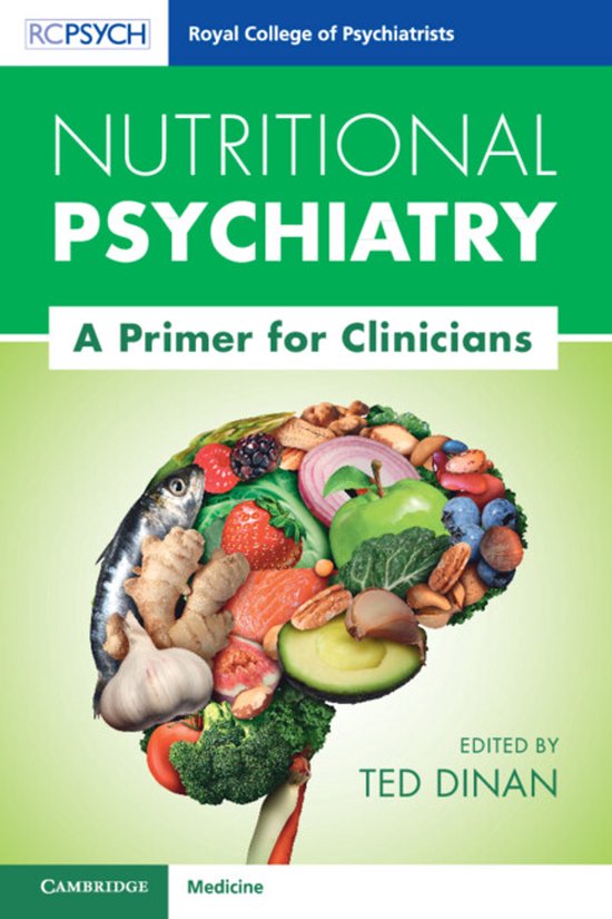 Boek 'Nutritional Psychiatry: A Primer for Clinicians' met hersenvormige collage van voedsel.