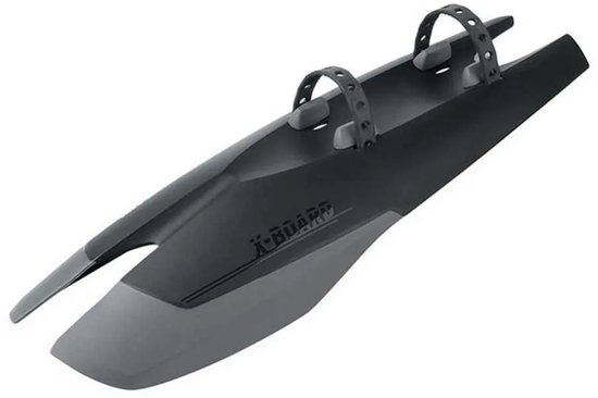 Zwart SKS X-board spatbord met twee bevestigingsbanden en grijze delen.