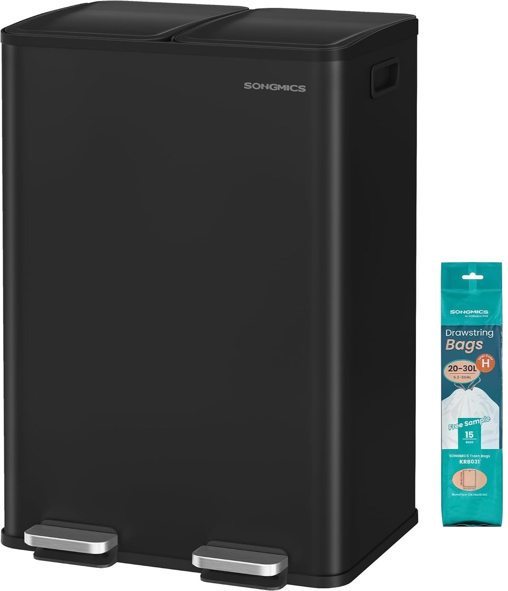 Songmics - prullenbak – pedaalemmer – 2 vakken – 2 x 30 liter – Softclose deksel – uitneembare binnenemmers – met 15 vuilniszakken – – zwart