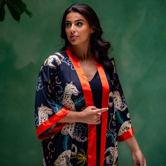 Kimono dames badjas satijn - Premium collectie - Luxury leopard - panter luipaard design - one size
