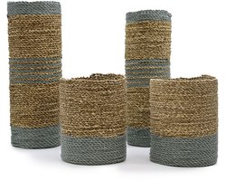 Rieten Manden Set - 4 Stuks - Grijs & Naturel - Zeegras - Hoge Ronde Manden & Vazen
