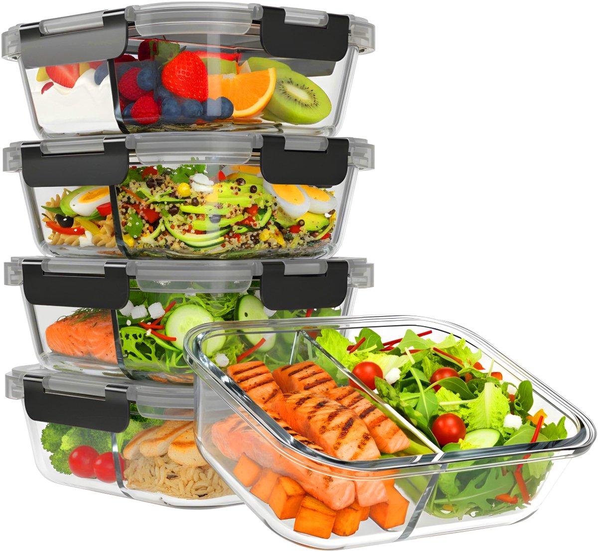 KitchenBrothers Meal Prep Bakjes Set - Met Scheiding - Glazen Vershoudbakjes - Twee Compartimenten - BPA en PFAS Vrij - Diepvriesbakjes - Bewaarbakjes - 5x 1L - Glas - 5 Stuks