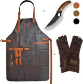 Set BBQ en cuir STORX – Tablier + Couteau de boucher + Gants de barbecue en cuir – Cuir véritable marron foncé – Garantie 2 ans – Ensemble barbecue de Luxe avec couteau de chef (27,6 cm) et tablier (81 x 56 cm) – Cadeau idéal pour homme