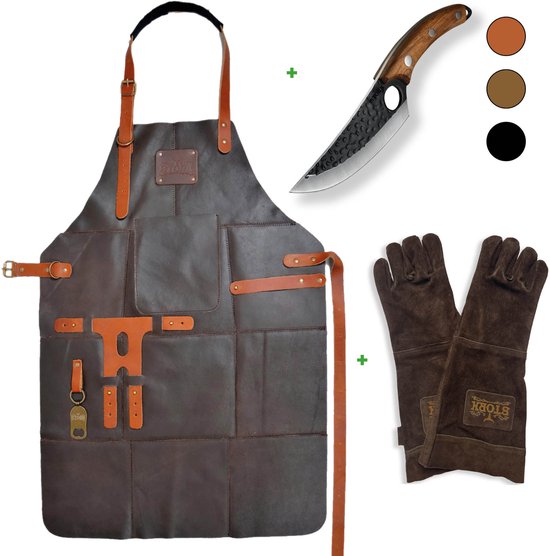 Set BBQ en cuir STORX – Tablier + Couteau de boucher + Gants de barbecue en cuir – Cuir véritable marron foncé – Garantie 2 ans – Ensemble barbecue de Luxe avec couteau de chef (27,6 cm) et tablier (81 x 56 cm) – Cadeau idéal pour homme