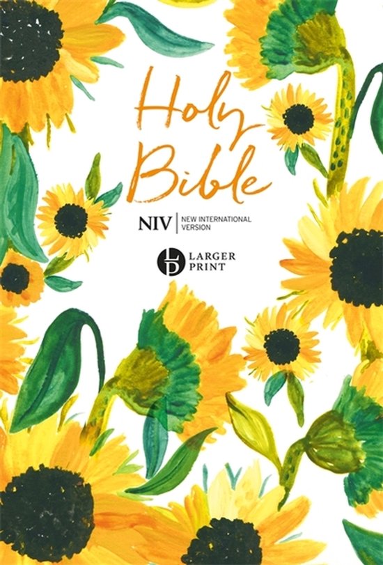 Heilige Bijbel NIV Larger Print met een aquarelprint van zonnebloemen en bladeren op de kaft.