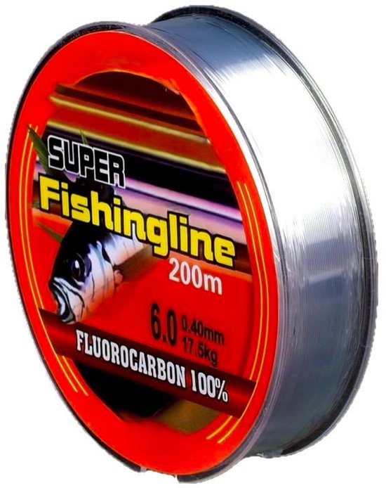 Transparante vislijn op spoel, met rode wikkel met visafbeelding en "SUPER Fishingline 200m 6.0 0.40mm 17.5kg Fluorocarbon 100%"
