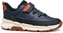 Blauwe Geox sneaker met oranje accenten, klittenbandsluiting en veters. Witte zool.