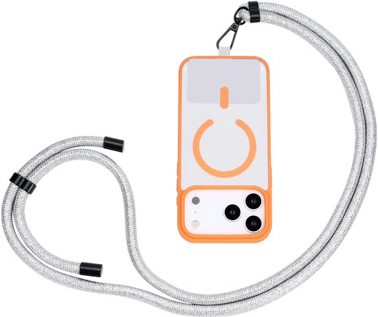 Zilverkleurig, glinsterend crossbody telefoonkoord om een telefoon met oranje hoesje.