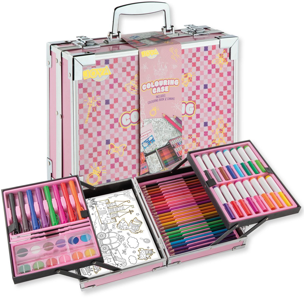Luxe Kleurkoffer voor Meisjes - Aluminium Schilder- en Teken Koffer - Stiften, Kleurpotloden, Markers, Aquarel Napjes, Krijtjes, Penselen, Canvas & Kleurboek - Creatief Knutselpakket in Koffer - Cadeau voor meisjes vanaf 3 jaar - Joya Creative — afbeelding 10