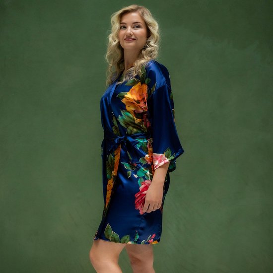 Dames Kimono satijn - blauw met bloemen - kort model - maat XS/S - ochtendjas lingerie