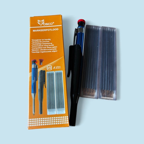 Vosco markeerstift set met blauwe stift, zwarte dop, 2 houders met 12 stuks 2mm navullingen.