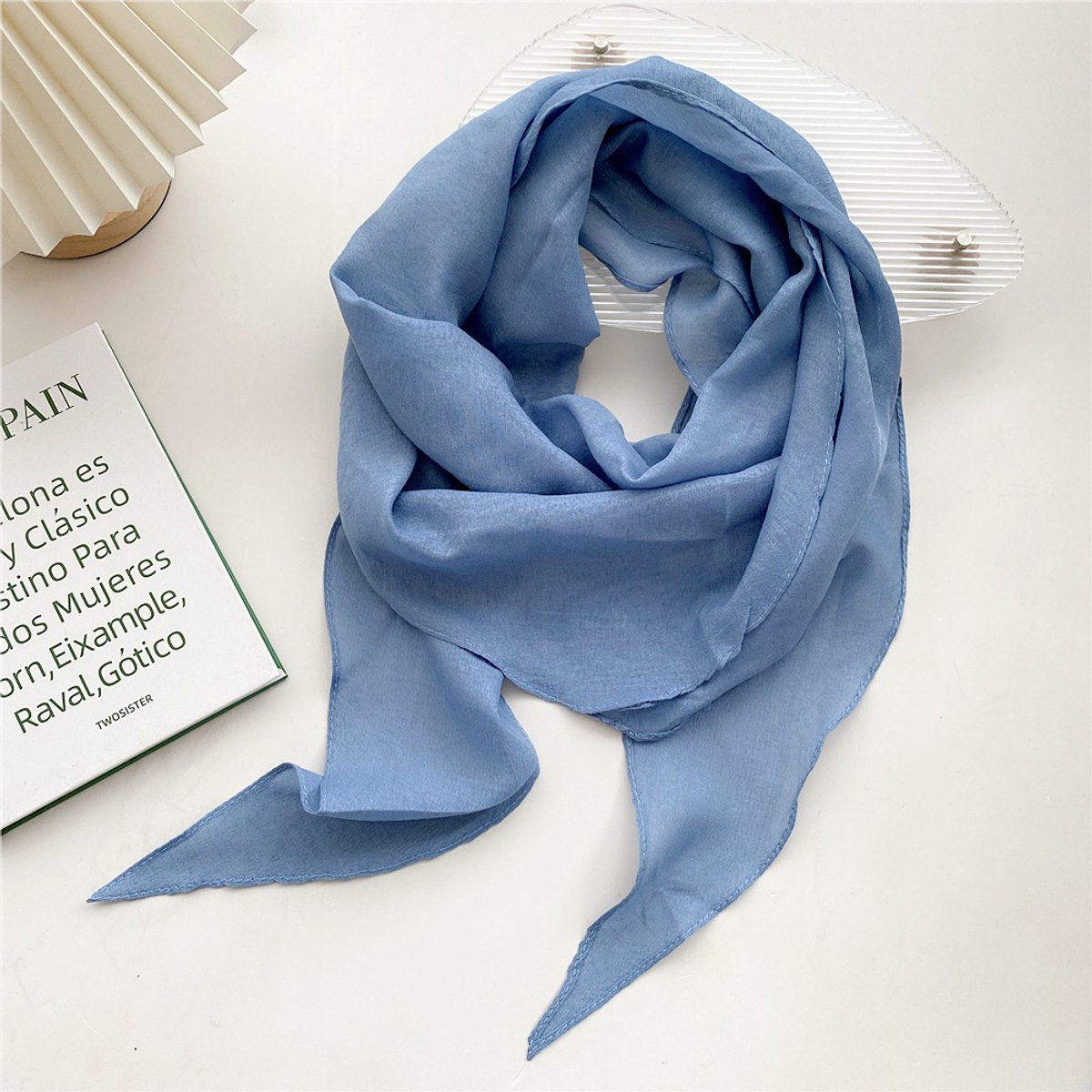 1x Effen zijden sjaal van katoen en linnen met grote ruiten - Koreaanse mode voor dames in de lente, herfst en zomer - Decoratieve sjaal voor literaire studenten (blauw)