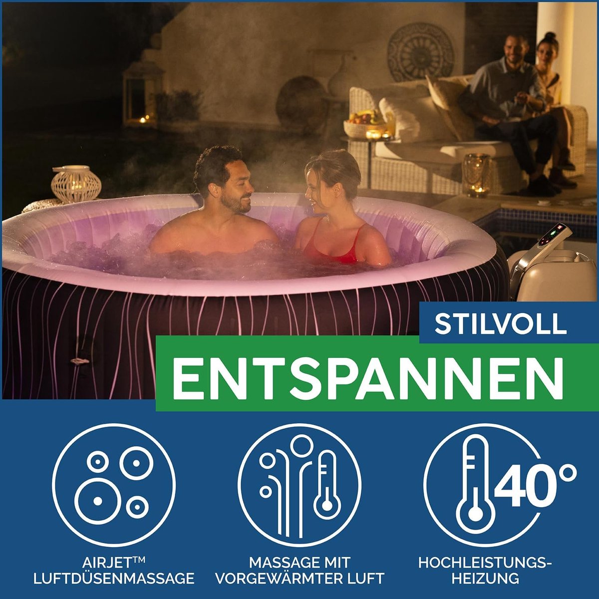 Opblaasbare Whirlpool Jacuzzi voor 6 Personen – Novihome Hollywood Deluxe AirJet Spa, Rond, LED Kleuren, Verwarmd tot 40°C, Bubbelmassage, PVC I-Beam Constructie, Inclusief Thermo-Topcover & Accessoires
