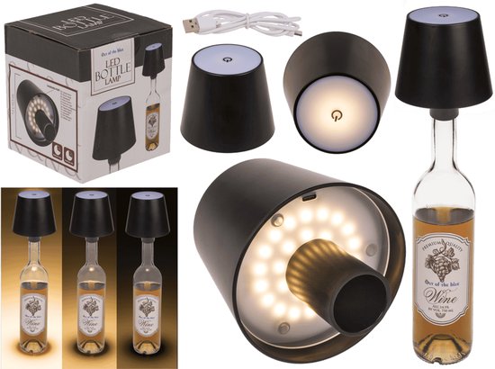 Lampe bouteille LED - Zwart - 3 modes d'éclairage (Marche/Arrêt/Intensité réglable) - Sans fil - Convient à une LED intérieure et extérieure - Siècle des Lumières LED écoénergétique - Design bouteille élégant