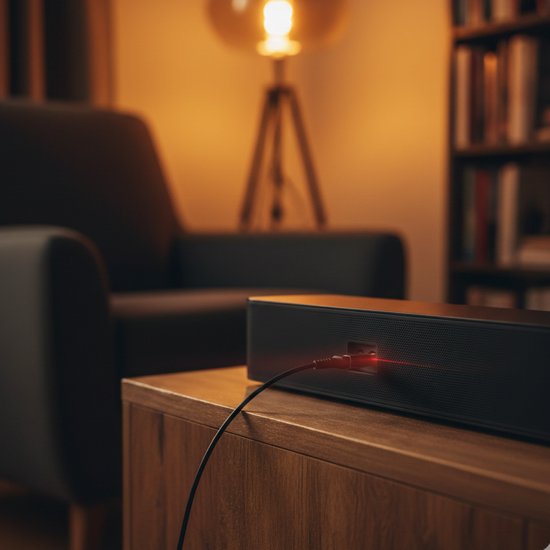Gouden optische kabel aangesloten op een soundbar, die rood licht uitzendt.