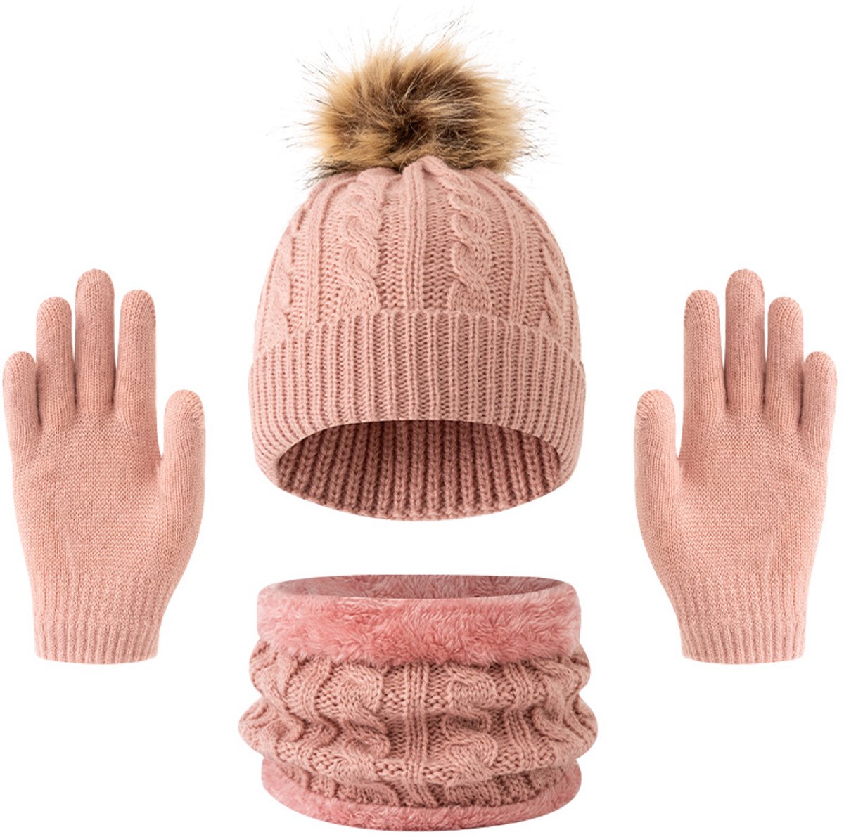 Herfst/winter gebreide muts, kindermuts, sjaal en handschoenen driedelige set - warme wollen muts met decoratie - roze