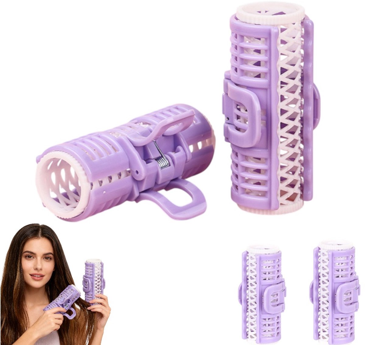 Krulspelden Set – Met Clips – Hittevrij – 3 Stuks – Paars