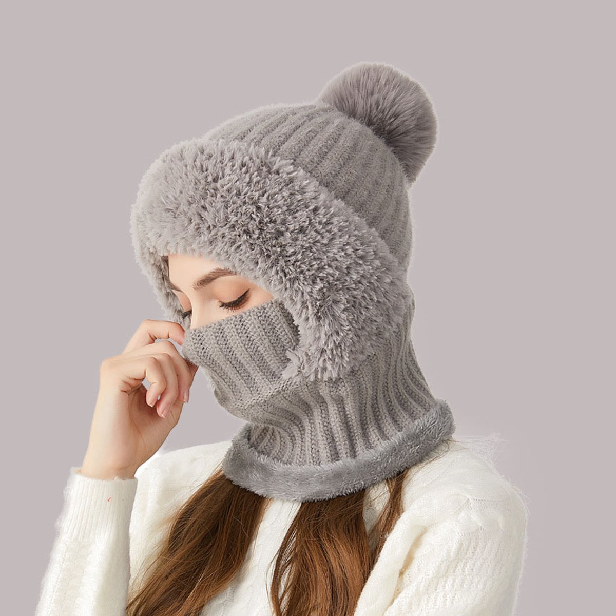 Dikke, met fleece gevoerde gebreide muts, sjaal, gezichtsmasker, jumpsuit, warme wintermuts - grijs