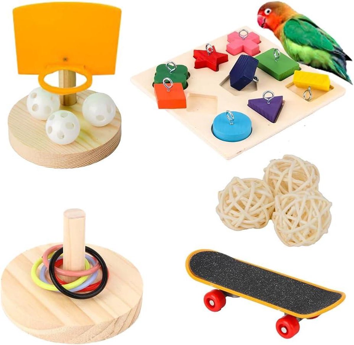 Glow Set van 4 kauwbare kerstballen en ring geschikt voor parkieten en valkparkieten inclusief basketbalhoepel en skateboard Vogel speelgoed accessoires Blauw