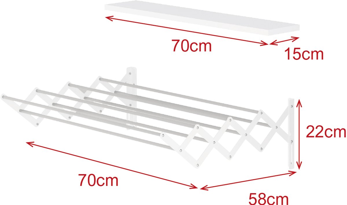 LUNOR – Uittrekbaar Wandmontage Wasrek 70 cm Wit– Akkoordéon Droogrek