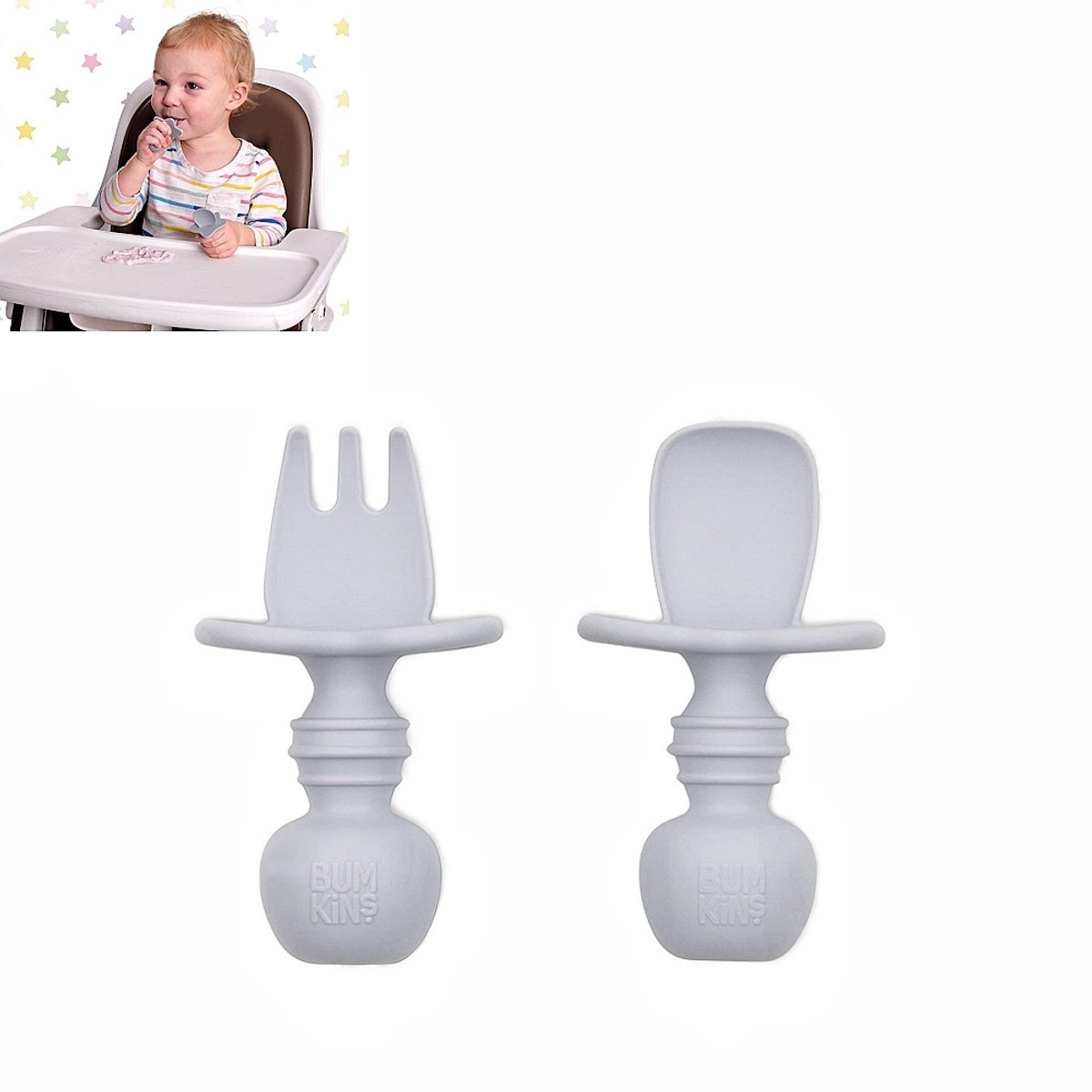 Image of 2 Babyserviesset - Zacht en veilig siliconenmateriaal - Oefenvork en lepel - Babylepel om voedsel in te dippen - 8,50*8,50*3 cm - Geschikt voor baby's vanaf 6 maanden om zelf te eten - Grijs.