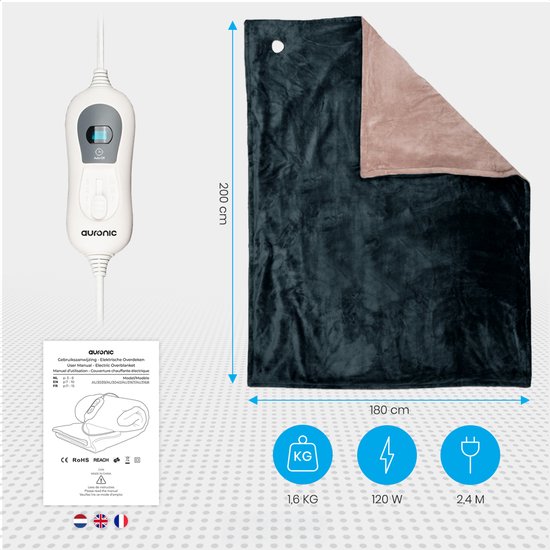 Auronic Elektrische Deken - 200 x 180 cm - 2 Persoons Warmtedeken - 3 Warmtestanden met Timer - Verwarmingsdeken - Antraciet
