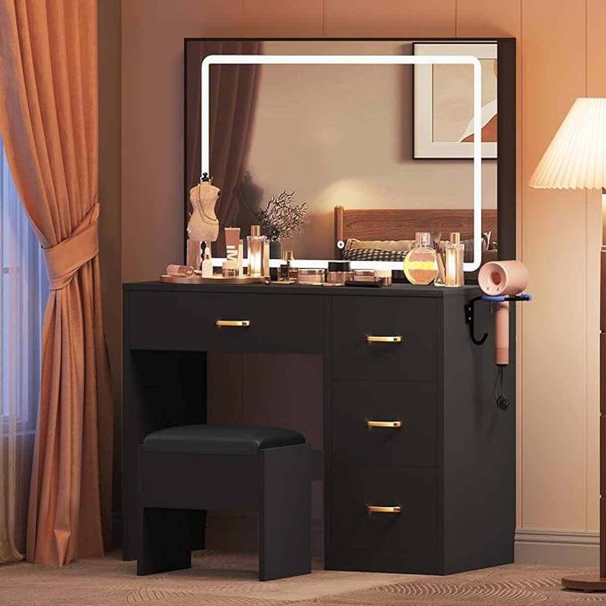 Elegante Make-up & Kaptafel met Spiegel, LED-verlichting, 4 Laden en Stopcontacten – 90x40x136 cm – Novihome
