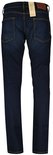 Donkerblauwe jeans met gele sierstiksels, bruin label en maatlabel.