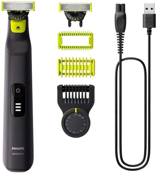 Philips OneBlade Pro 360: zwarte trimmer met oplaadkabel, opzetkammen en mesjes.