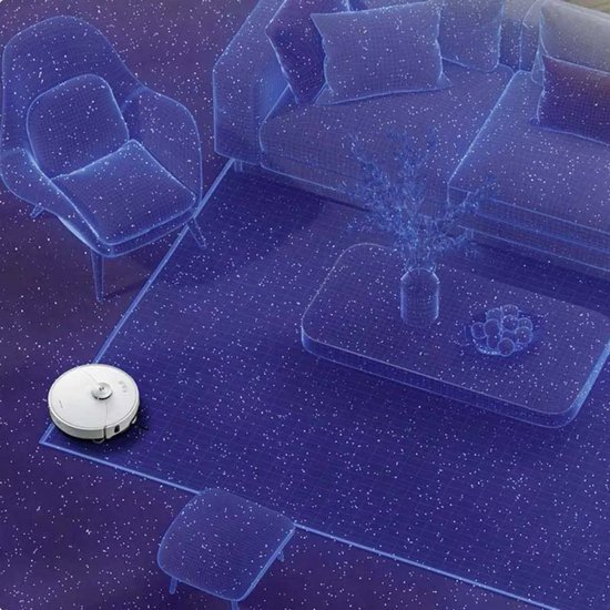 Witte robotstofzuiger in een woonkamer die wordt weergegeven als een blauw wireframe-model.