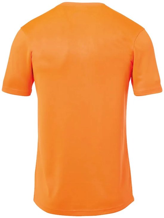 Achterkant van een effen oranje sportshirt met korte mouwen van Uhlsport.