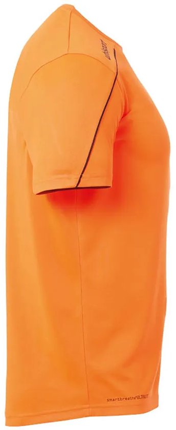 Oranje sportshirt met korte mouwen van Uhlsport, met zwarte biezen op de schouders en zoom. Tekst 'smartbreatheULTRA' zichtbaar.
