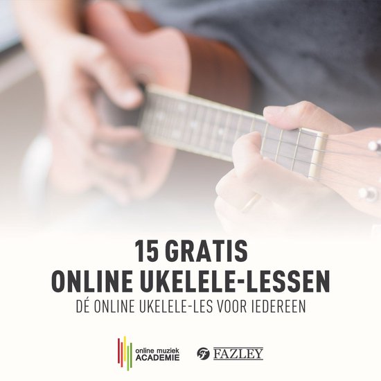 Vrouw speelt op een roze sopraan ukelele op een roze sup board op het water. Tekst: 15 gratis online ukelele-lessen.