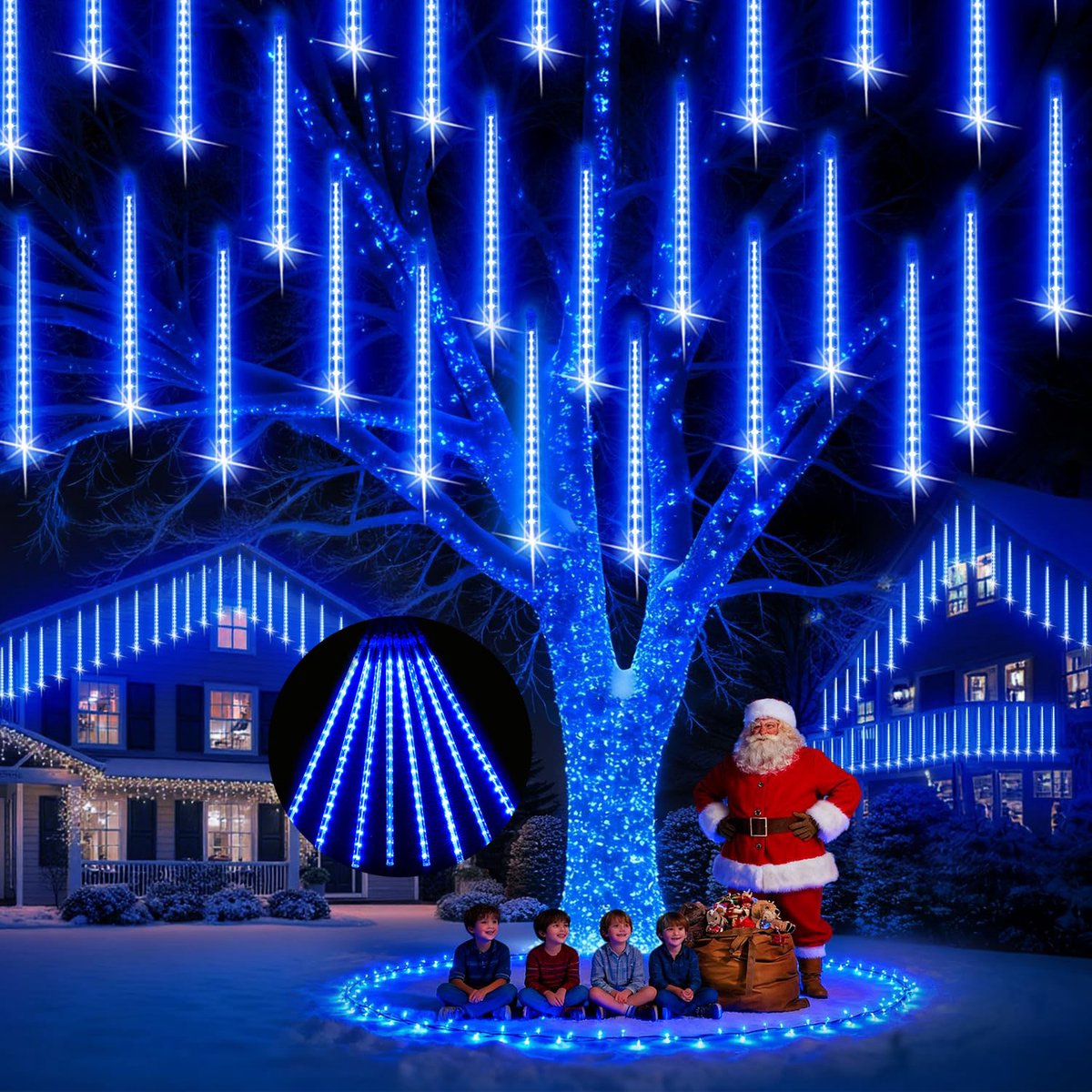 MUPOO Kerstverlichting Meteorenregen Lichtsnoer voor buiten- 50cm 288 Blauwe LEDS - 360° Buitenverlichting-Energiebesparing en milieubescherming-Voor Skiresorts en Kerstcircus Evenementen